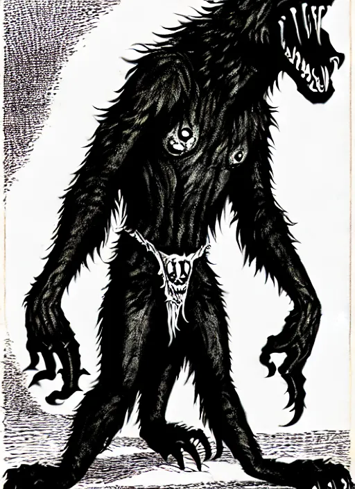 Image similar to a licorice werewolf as a D&D monster, full body, pen-and-ink illustration, etching, by Russ Nicholson, DAvid A Trampier, larry elmore, 1981, HQ scan, intricate details, Monster Manula, Fiend Folio