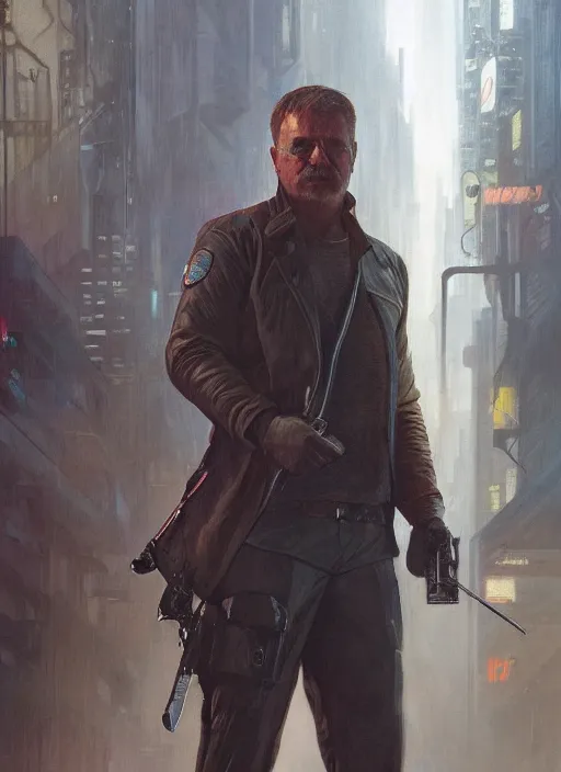 Prompt: Modern Teddy Roosevelt. Cyberpunk bouncer. blade runner 2049 concept painting. Epic painting by James Gurney, and Alphonso Mucha. ArtstationHQ. painting with Vivid color. (rb6s, Cyberpunk 2077)