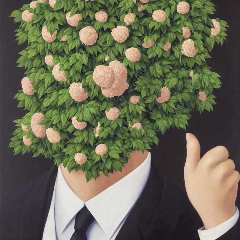 Prompt: portrait of man in a suit that has flowers hiding his head by rene magritte, detailed painting, hd, hq, high resolution, high detail, 4 k, 8 k