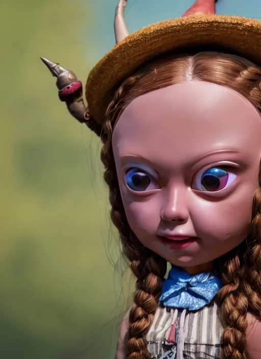 Prompt: closeup face profile portrait of tin toy greta thunberg as a witch, bikini, depth of field, zeiss lens, detailed, symmetrical, centered, fashion photoshoot, by nicoletta ceccoli, mark ryden, lostfish, breathtaking, 8 k resolution, extremely detailed, beautiful, establishing shot, artistic, hyperrealistic, octane render