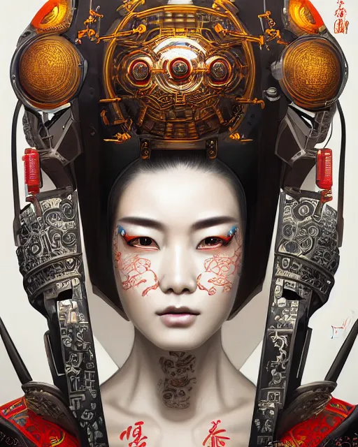 Image similar to portrait of a cyberpunk machine, machine face, upper half portrait, decorated with chinese opera motifs, asian, fine china, traditional chinese art, intricate, elegant, highly detailed, symmetry, headpiece, digital painting, artstation, concept art, smooth, sharp focus, illustration, art by artgerm and greg rutkowski and alphonse mucha, 8 k