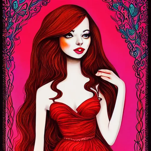 Prompt: a beautiful young woman in a breathtaking long red dress in style of Jeremiah Ketner