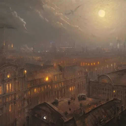 Prompt: Hyper realistic painting of a victorian city covered my smog, dark fantasy, dark clouds above with moonlight shining through them, industrial buildings, view from above, by Greg Rutkowski