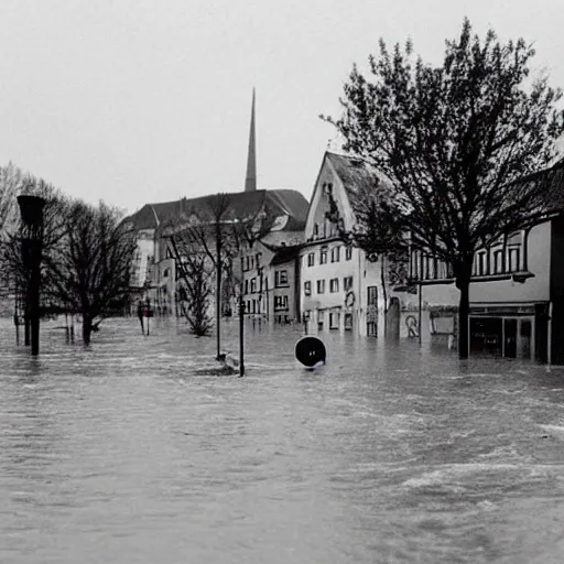 Image similar to old and degraded VHS footage of a small german town being flooded