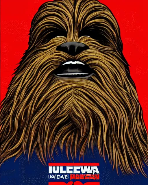 Image similar to chewbacca presidential election poster showing close up of chewbacca face red and blue duotone by sheperd fairey no text