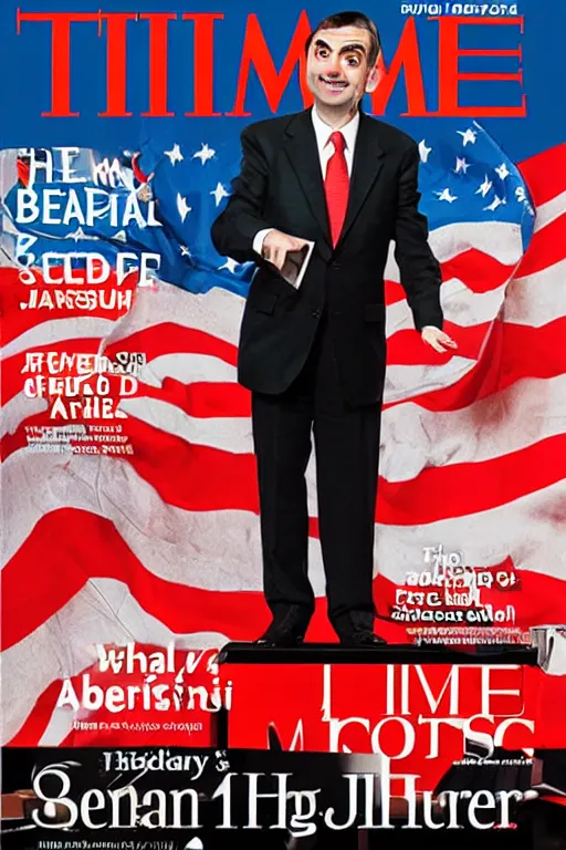 Prompt: mr. bean as us president, journalism photography, time magazine cover, cinematic lighting,