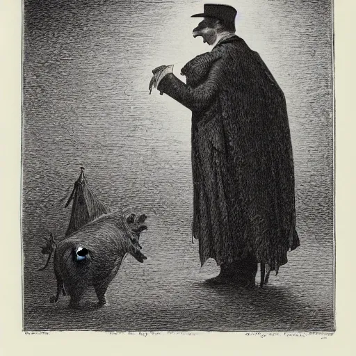 Image similar to a pig in a tuxedo, chiaroscuro, illustration by Gustave Doré,