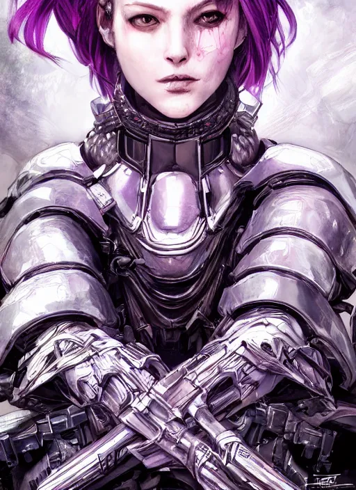 Prompt: close up portrait of a pale woman in sci - fi armor with purple hair, powerful, domineering, stoic, masterful, intense, ultrafine hyperdetailed illustration by kim jung gi, irakli nadar, intricate linework, sharp focus, octopath traveler, yoji shinkawa, yoshitaka amano, detailed, concept art