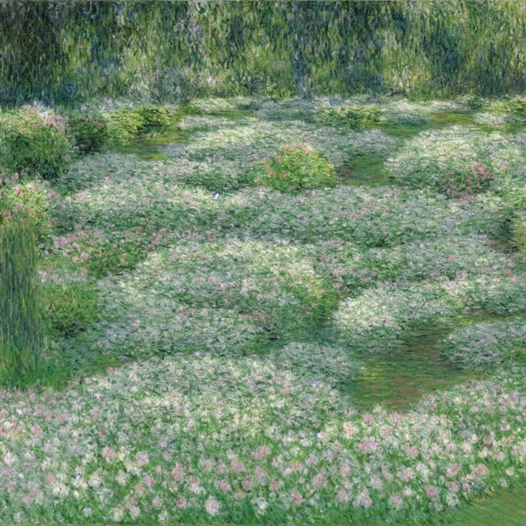 Prompt: a gorgeous classic garden filled with beautiful flowers in different shades of pale green, monet