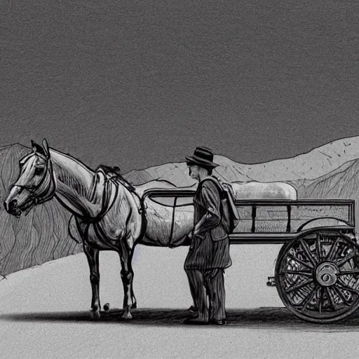 Prompt: a man in old fashioned clothes waits by the side of the road with his suitcase, looking at a coach with 4 horses is in front of him, night time in the mountains highly detailed in the style of edward gorey, artgerm, 8 k resulution - c 5