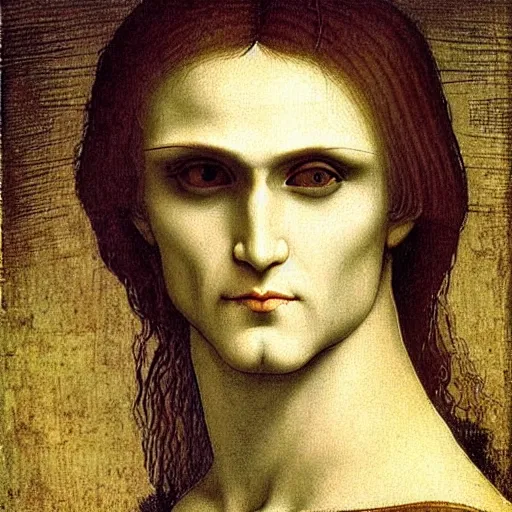 Image similar to attractive twenty first century male vampire beautiful eyes. highly detailed painting by leonardo da vinci 8 k