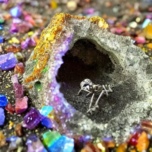 Image similar to photorealistic tiny dinosaur skeleton inside a geode of colored crystals