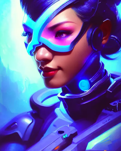 Image similar to echo from overwatch, thai, blue holographic face, elegant, colorful, fantasy, fantasy art, character portrait, portrait, close up, highly detailed, intricate detail, amazing detail, sharp focus, vintage fantasy art, vintage sci - fi art, radiant light, caustics, by boris vallejo