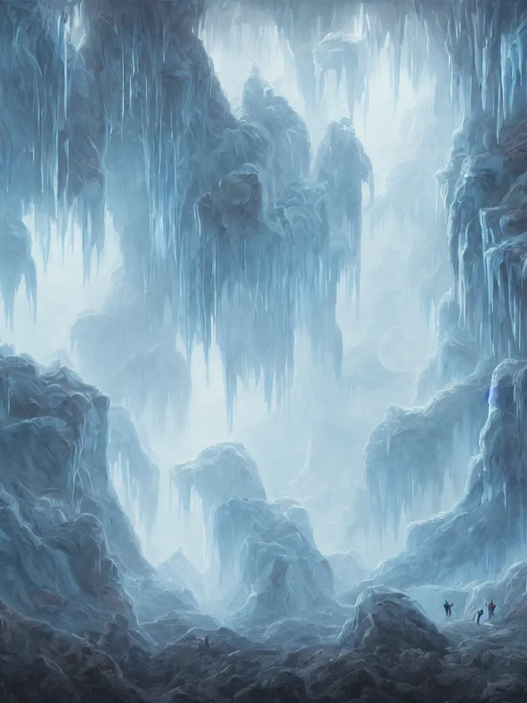 Prompt: a painting of foggy translucent crystal cave, home of ice fairies, by noah bradley
