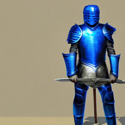 Image similar to knight wearing full blue armor, full helmet with ponytail, blue kiteshield and blue scimitar, matte painting, ultra high detail, realism, 8 k