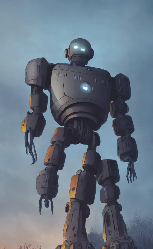 Image similar to iron giant standing near his farm, dynamic lighting, photorealistic fantasy concept art, trending on art station, stunning visuals, creative, cinematic, ultra detailed
