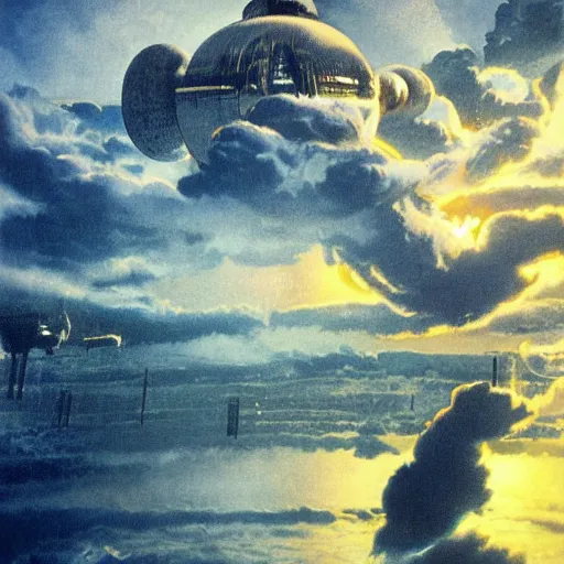 Image similar to Water world planet in the clouds, cinematic angle, cinematic lighting, blue sky, sun in the sky, by Syd Mead, John Harris, Federico Pelat