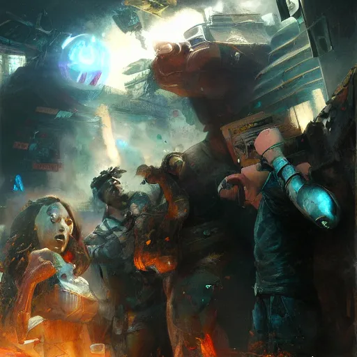 Image similar to neo luddites complaining about new technology by raymond swanland, highly detailed, bright tones