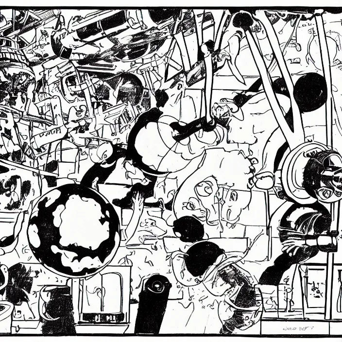 Image similar to a still frame from comic strip atlas molecule scientific weird 1 9 9 0, new yorker illustration, monochrome contrast bw, lineart, manga