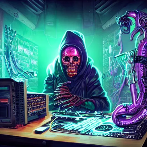 Prompt: cyberpunk undead lich ilithid mindflayer playing synthesizer, honeycomb background, D&D, smokey lights, lasers, highly detailed, realistic, technology and magic,