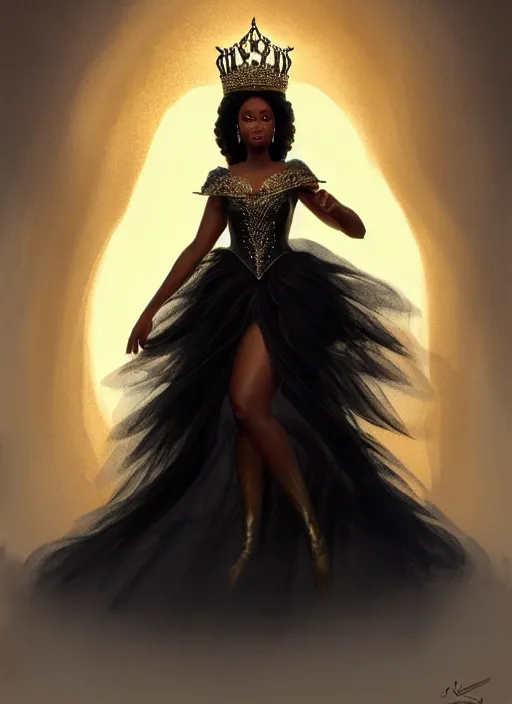 Prompt: full body portrait of beautiful black woman as the swan queen, glowing crown, beautiful flowy feathered gown, beautiful baroque lace detail, highly detailed, digital painting, artstation, concept art, smooth, sharp focus, illustration, face by wlop, illustrated by mars ravelo and greg rutkowski