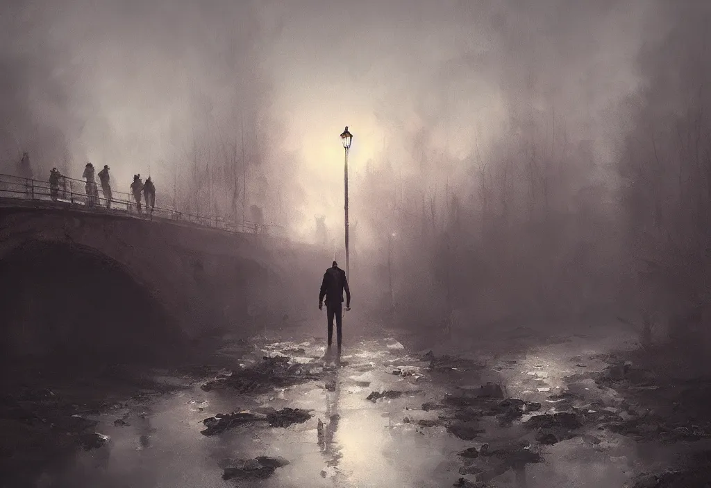 Image similar to a man standing on a burning bridge, artstation, jakub rozalski, high detail, dramatic lighting, night, fog