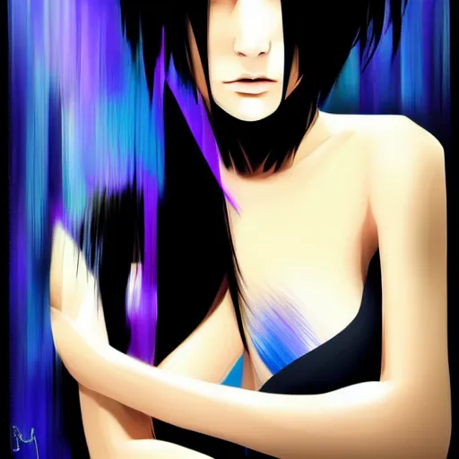 Prompt: « portrait, attractive, blue eyes, black hair, middle length hair, ghost in the shell, front view, digital painting »