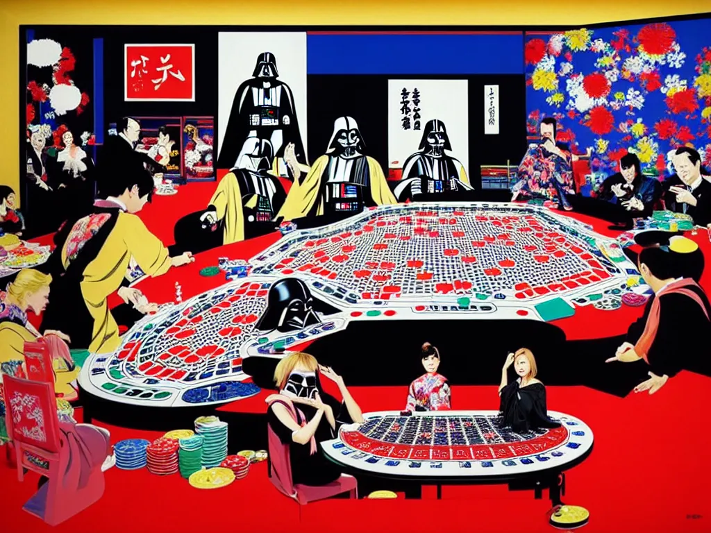 Image similar to hyper - realistic composition of a large room with an extremely detailed poker table in the center, woman in traditional japanese kimono standing nearby, darth vader sitting at the table, fireworks in the background, pop art style, jackie tsai style, andy warhol style, acrylic on canvas, dull palette