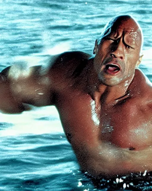 Image similar to film still close up shot of dwayne johnson wrestling with a shark in the movie jaws. photographic, photography