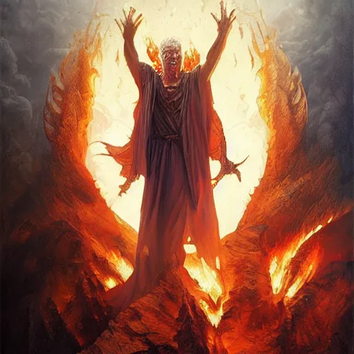 Image similar to Christopher Lloyd as belial, burning and falling from the sky, full_body!!, dungeons and dragons, highly_detailed!!, Matte painting, artstation, concept art, sharp focus, illustration, art by artgerm and greg rutkowski and alphonse mucha