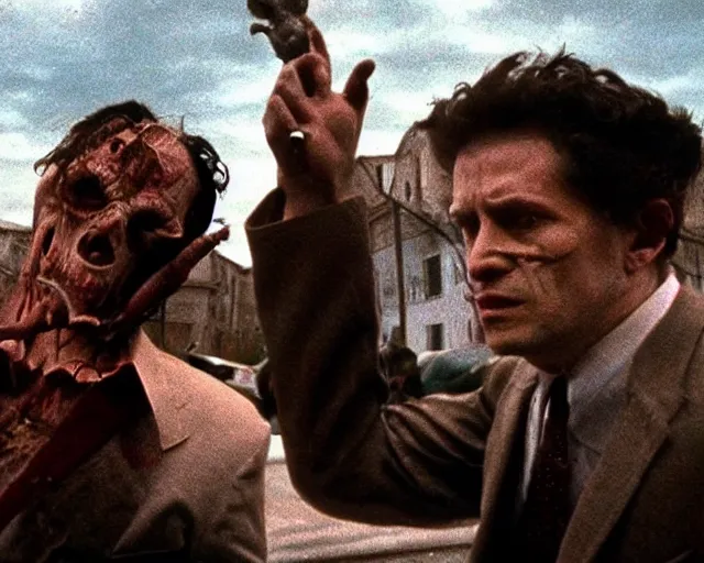 Image similar to in this creepy scene from the hbo miniseries / the outfit /, a supernatural mafia crime thriller about magical monster - hunting mafiosi in 9 0 s philadelphia, we see a man transformed into a strange monstrous ephemeral spirit of rage. hd 8 k film photography, richard corben and cronenberg - esque.