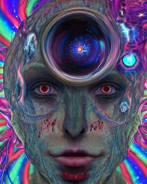 Image similar to realistic portrait of a creature experiment gone wrong, opened portal, psychedelic, dark art, facing camera, photo realistic, detailed, 1 4 5 0, delicate, hyper realism, ultra realistic, 8 k