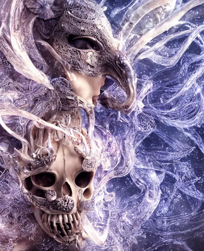 Image similar to close-up macro portrait of the face of a beautiful princess with animal skull mask, epic angle and pose, symmetrical artwork, 3d with depth of field, blurred background, cybernetic jellyfish female face skull phoenix bird, translucent, nautilus, energy flows of water and fire. a highly detailed epic cinematic concept art CG render. made in Maya, Blender and Photoshop, octane render, excellent composition, cinematic dystopian brutalist atmosphere, dynamic dramatic cinematic lighting, aesthetic, very inspirational, arthouse. y Greg Rutkowski, Ilya Kuvshinov, WLOP, Stanley Artgerm Lau, Ruan Jia and Fenghua Zhong