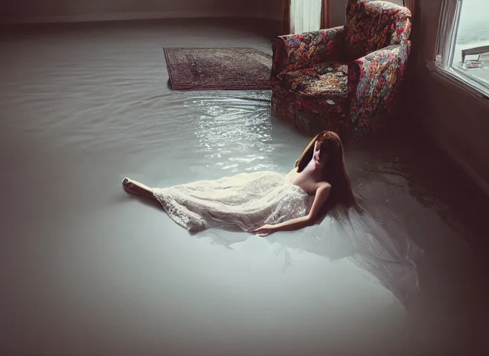 Image similar to kodak portra 4 0 0 photographic and realistic, 7 0 s living room, detailed, octane render, unreal engine, 4 k, artstation, hyper realistic, a woman afloat, white lace dress, floor flooded, wide angle, how river, 2 8 mm, sharp focus, soft light, volumetric light fog, in the style of gregory crewdson