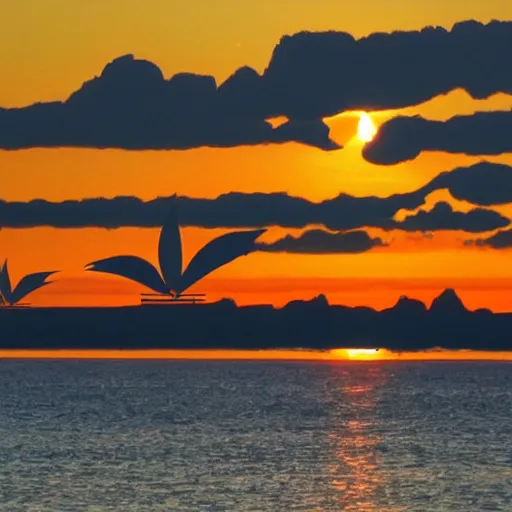 Image similar to A hand-drawn sailboat circled by birds on the sea at sunrise