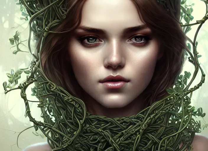 Image similar to highly detailed beautiful woman wrapped up in vines, illustration, realistic eyes, artstation, cinematic lighting, hyperdetailed, detailed realistic symmetrical eyes, cgsociety, 8k, high resolution, Charlie Bowater, Tom Bagshaw, Norman Rockwell, insanely detailed and intricate, clean white background