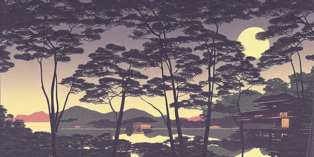 Image similar to painting by Hasui Kawase, atmospheric cozy futuristic organic white concrete house in the middle of a lush and dense forest at night, a beautiful lake next to it, night time, night sky, starry night sky, by Hasui Kawase