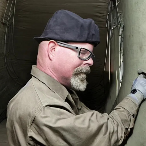 Image similar to Jamie Hyneman tinkering with an ICBM in a missile silo