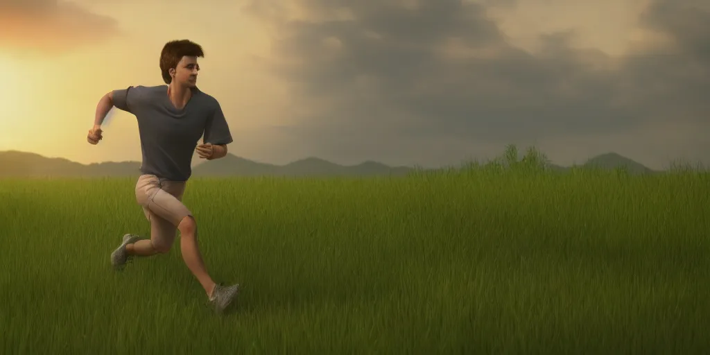 Image similar to Render of a young man running through a lush green countryside, with the sun setting over the sea, trending on artstation, 4k, soft focus