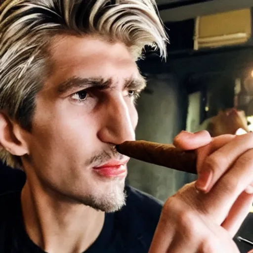 Image similar to a closeup photo of handsome gigachad xqc smoking a cigar