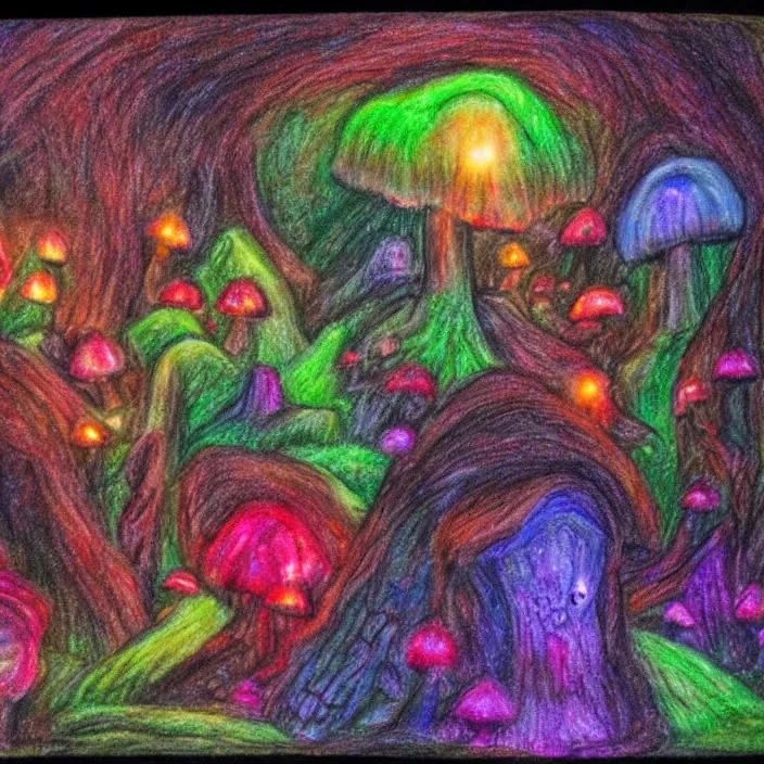 Prompt: a large cave lit by glowing mushrooms. colorful crystals grow from the ground. drawn with colored pencils, gloomy mood