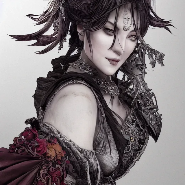 Image similar to the portrait of neutral evil fallen female dark knight vagabond as absurdly beautiful, gorgeous, elegant, sophisticated, idol, an ultrafine hyperdetailed illustration by kim jung gi, irakli nadar, intricate linework, bright colors, octopath traveler, final fantasy, unreal engine 5 highly rendered, global illumination, radiant light, detailed and intricate environment