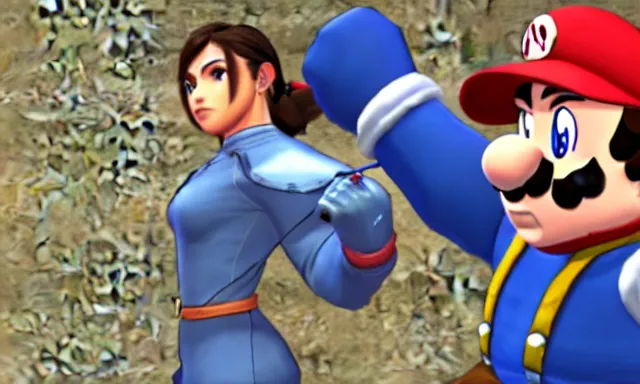 Image similar to 4k Super Smash Brothers screenshot of Korra punching Mario