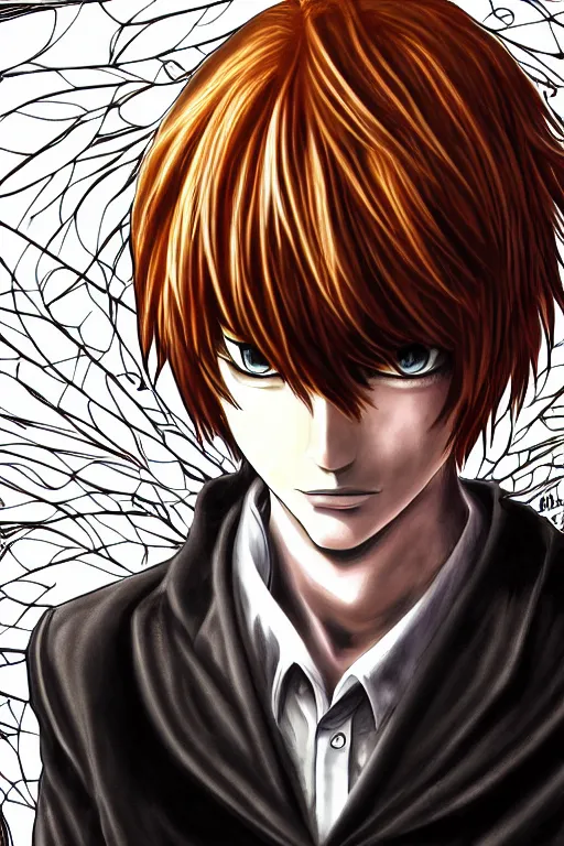 Image similar to light yagami, god of the new world, highly detailed, digital art, sharp focus, trending on art station, death note