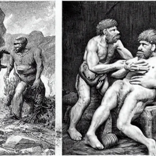 Image similar to historical picture war between homo sapien and neanderthal