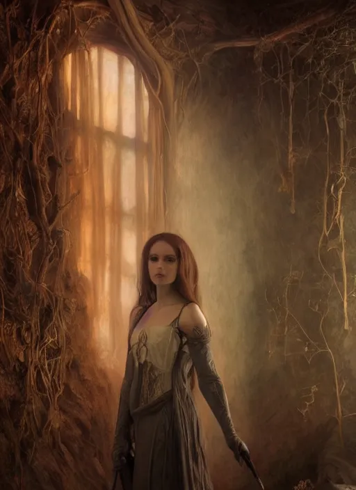 Image similar to inside covens den, diffuse lighting, fantasy epic, hdrp smoke, intricate facial detailing, highly detailed, lifelike, photorealistic, digital painting, artstation, unreal 5, concept art, smooth, sharp focus, art by john collier and albert aublet and krenz cushart and artem demura and alphonse mucha