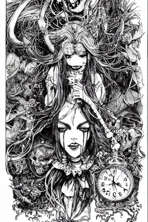Image similar to Horror Alice in wonderland tarot card , pen and ink, intricate line drawings, by Yoshitaka Amano, Ruan Jia, Kentaro Miura, Artgerm, watercolor