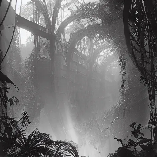 Image similar to 1 9 0 0 s photo overgrown zaha hadid alphonse mucha spaceship symmetry godrays haze ruins in jungle dripping sunlight