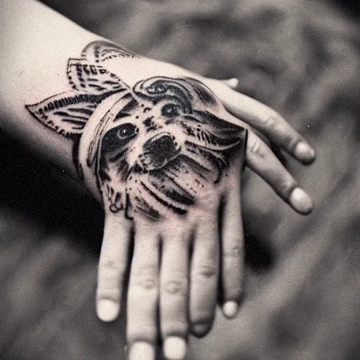 Prompt: a mid 1 9 0 0 s photograph of the back of a hand with a tattoo of a dog on it