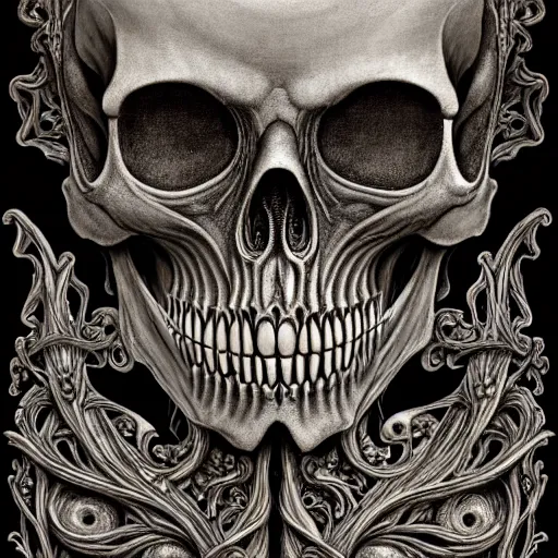 Image similar to memento mori by arthur rackham, art forms of nature by ernst haeckel, photorealistic, hyperdetailed, octane render, art nouveau, gothic, ornately carved beautiful skull mask dominant, intricately carved ornamental antique bone, art nouveau botanicals, art forms of nature by ernst haeckel, horizontal symmetry, symbolist, visionary